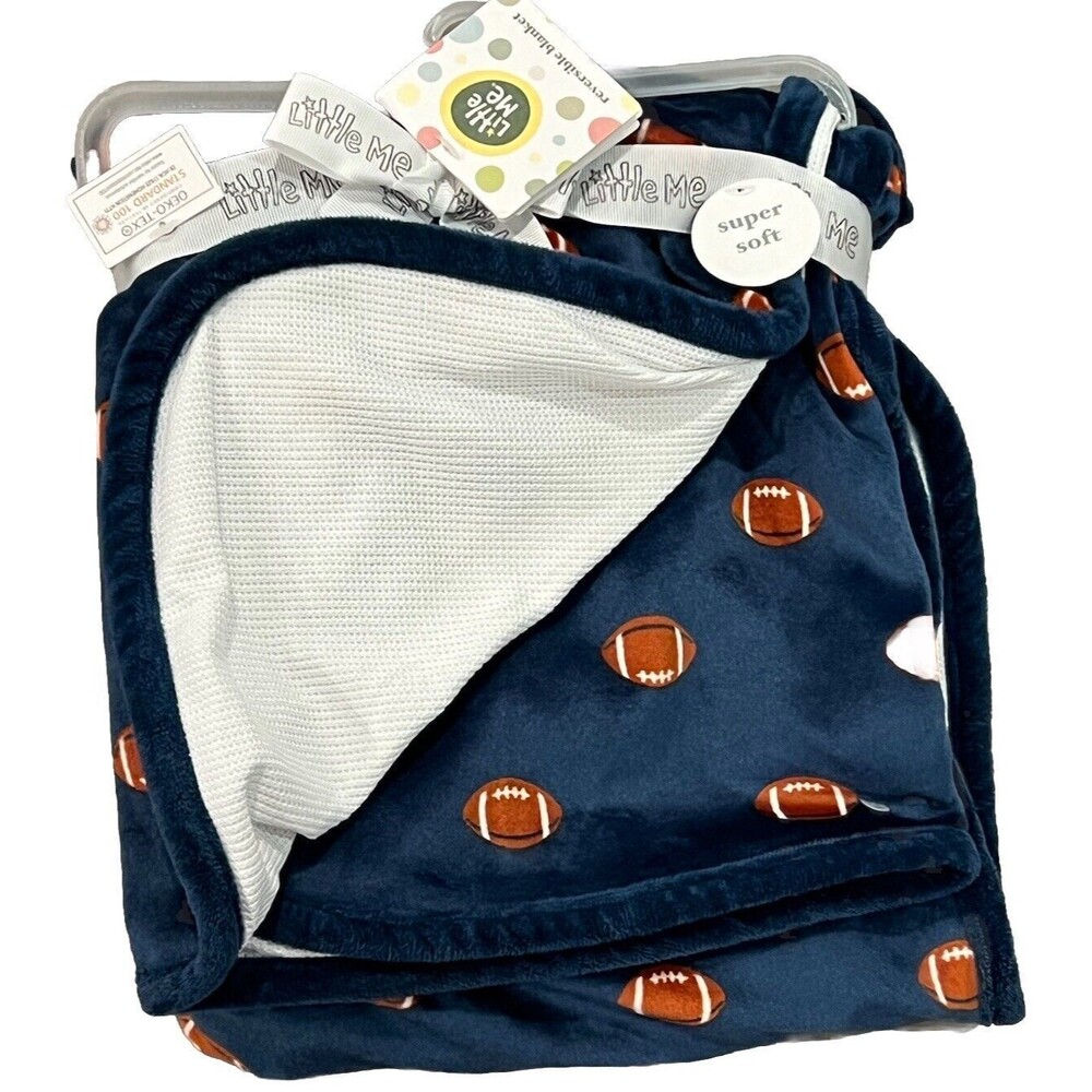 Little Me FOOTBALL  Velour Plush BABY BLANKET Navy Blue Reversible White Thermal